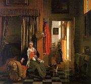 Pieter de Hooch Mother Lacing her Bodice Beside a Cradle Spain oil painting artist